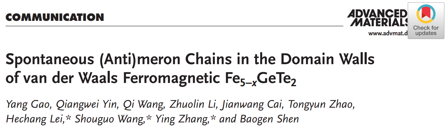 相關研究成果以“Spontaneous (Anti)meron Chains in the Domain Walls of van der Waals Ferromagnetic Fe5-xGeTe2”為題發表在《Adv. Mater.》上。